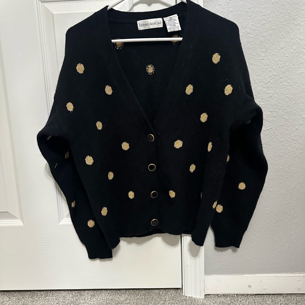 Robert Scott Lft Vintage Black Cardigan with Gold Polka Dots